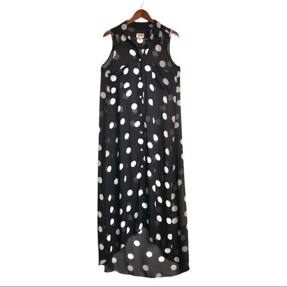 Show Me Your Mumu Black/Tan Polka Dot Sheer High Low Sleeveless Maxi Shift Dress - Picture 1 of 5